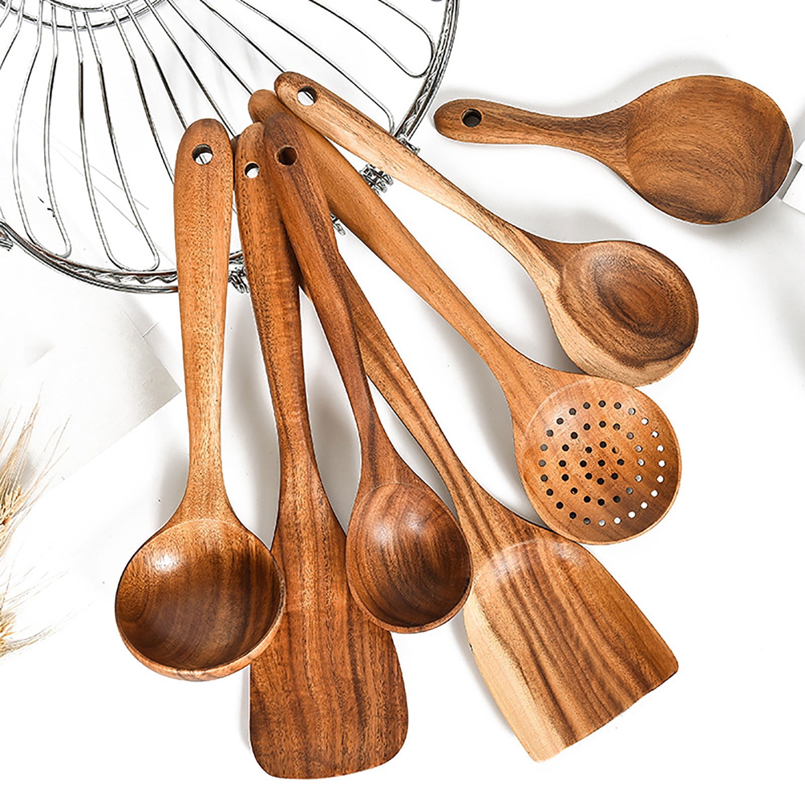 Spoon and Spatula Mix Wooden Kitchen Tools Perfect for Nonstick Cookware by Bamboni 6 Piece Set Bamboo Cooking Utensils with Holder 