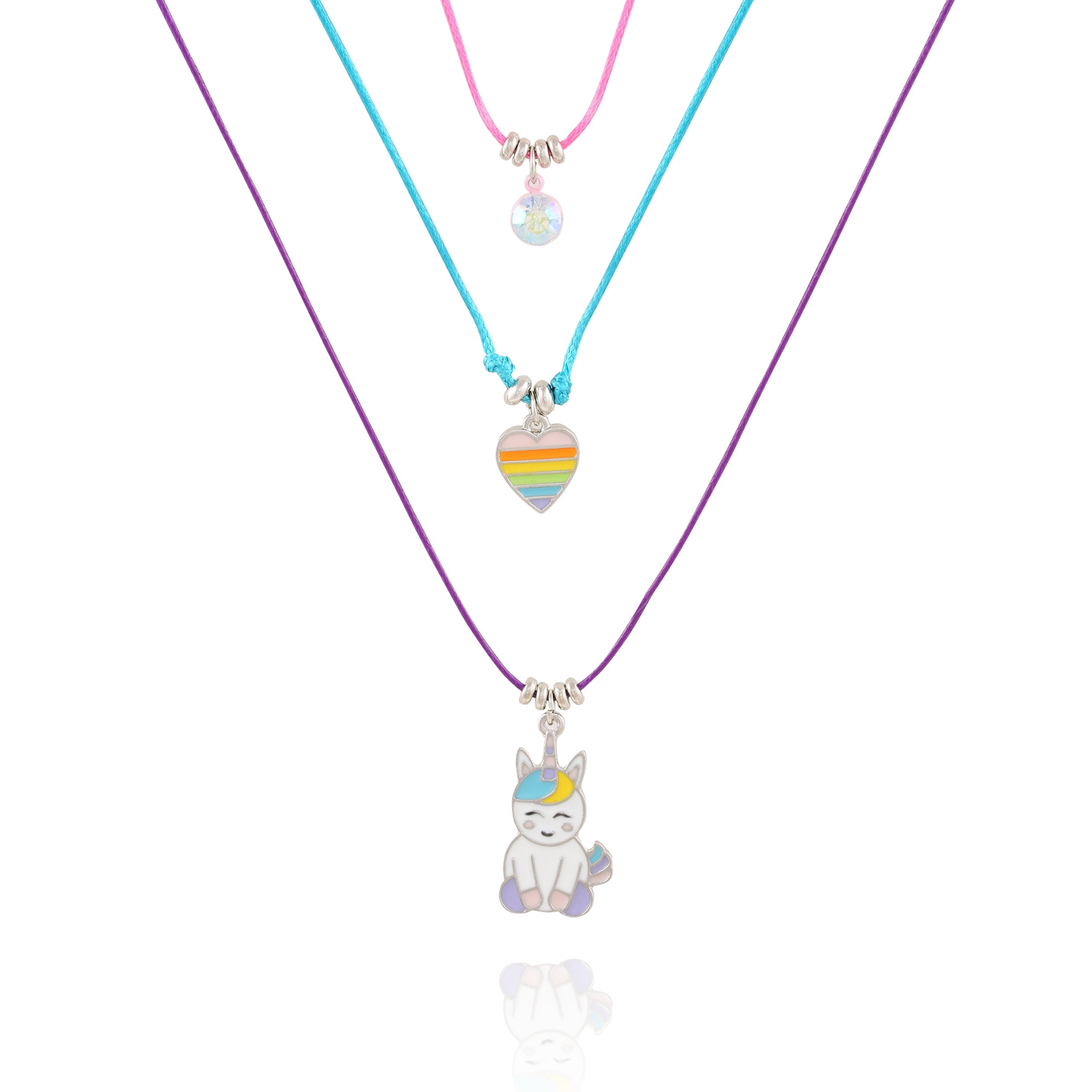 Wonder Nation Trio Bright Girls Unicorn Layered Necklace Set. Stone Charms on Bright 14", 15", and 15" Chords.