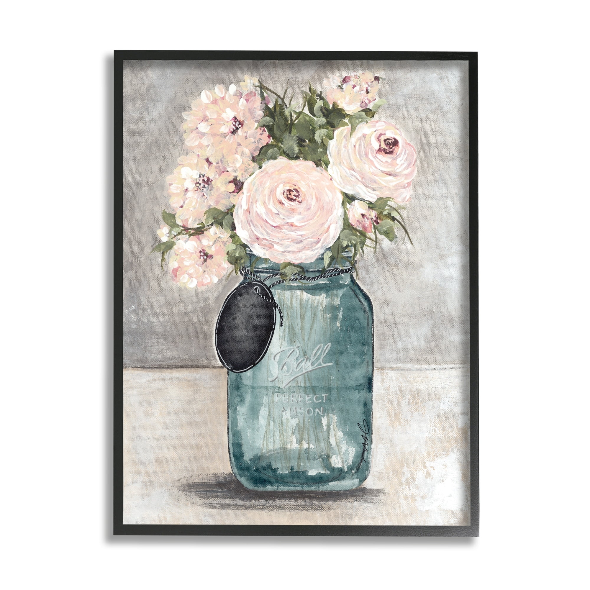 Stupell Industries Round Pink Blossoms Rustic Country Jar Vase Painting Black Framed Art Print Wall Art, Design by Julie Norkus