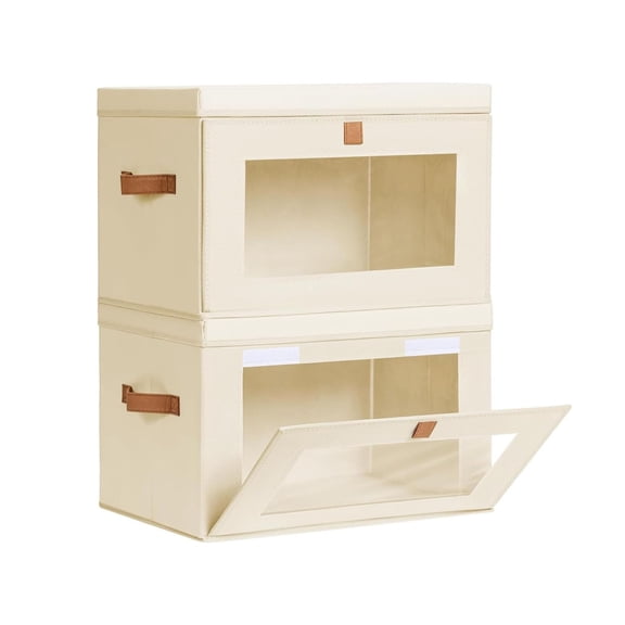 2-Pack Large Fabric Storage Bins with Lids, Window and Handles, Beige Closet Organizer