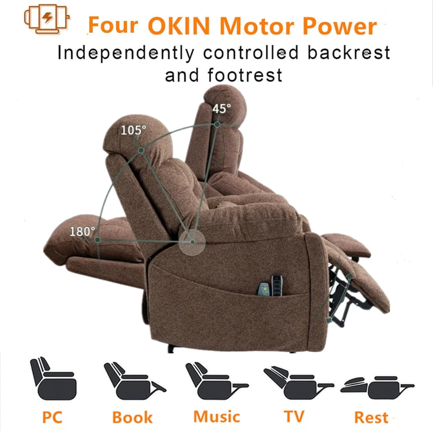 4 OKIN Motor Power Lay Flat Lift Recliner Chair for Elderly Adults Extra Large Recliners with Massage Heat, Adjustable Head-Back-Lumbar-Leg-Support, Extended Footrest, 2 Cup Holders