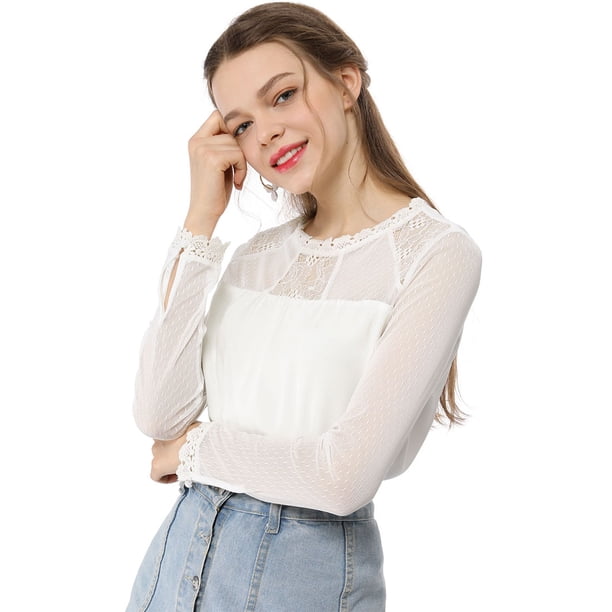 AllegK CamiDe GaCon Cuello Redondo Y BluCampesiDe ManLarCon Panel Floral De Encaje PaMujer Blanco XXL