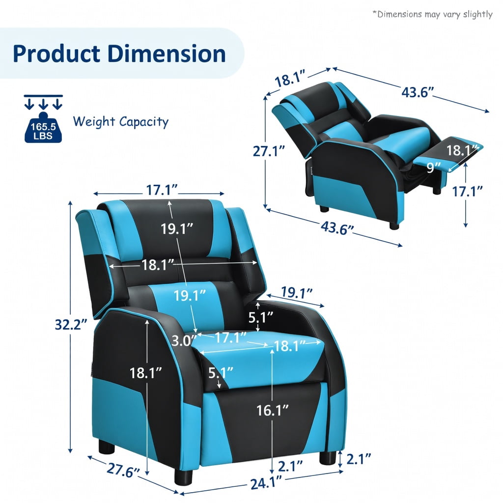 Barara King Kids PU Leather Recliner Chair with Headrest and Footrest, Kids Gaming Sofa Recliner Chair for Living Room, Bedroom, Blue