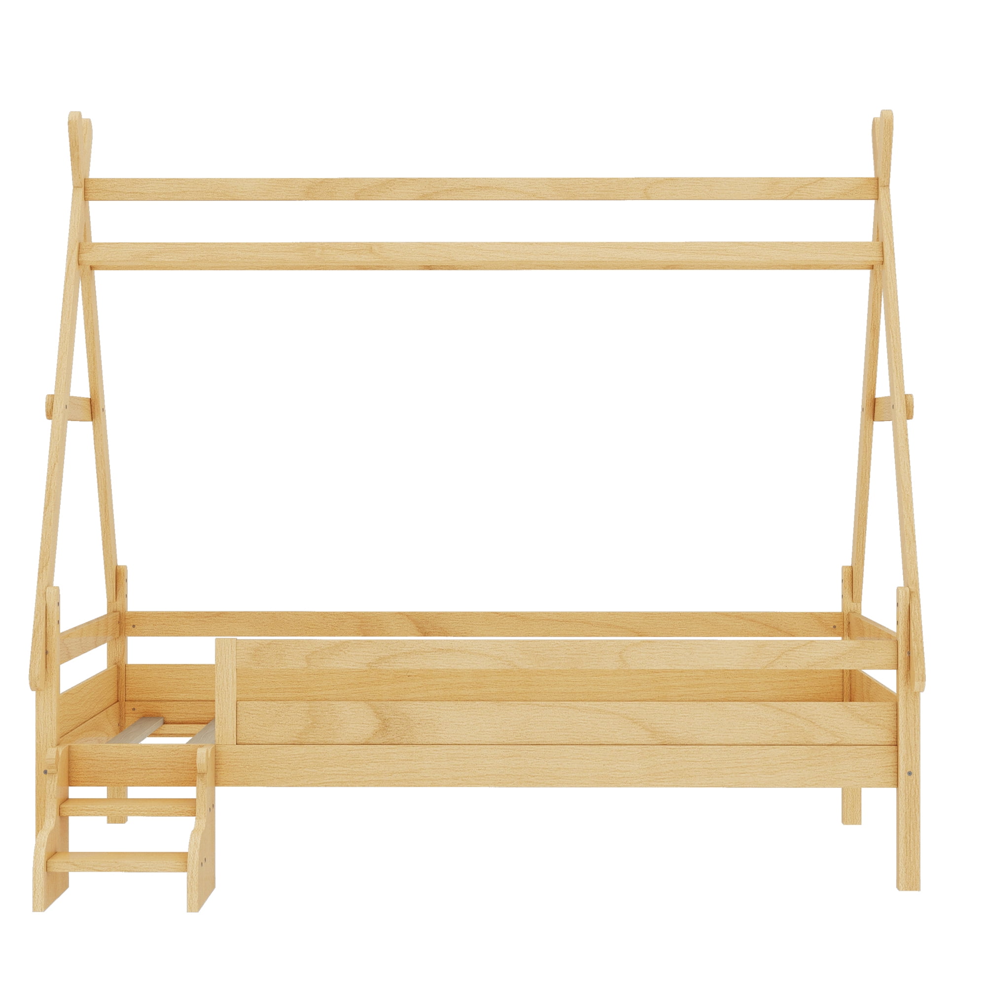 Mintazer Twin Size House Platform Bed with Stairs, Solid Wood Bed Frame for Kids, No Box Spring Needed, Natural