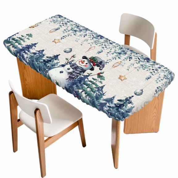 Blue Snowman Christmas Table Cloths for 3 Foot Rectangle Tables, Xmas Snowflake Eucalyptus Leaves Rustic Patio Waterproof Elastic Fitted Tablecloths, Washable Rectangular Table Cover for Camping