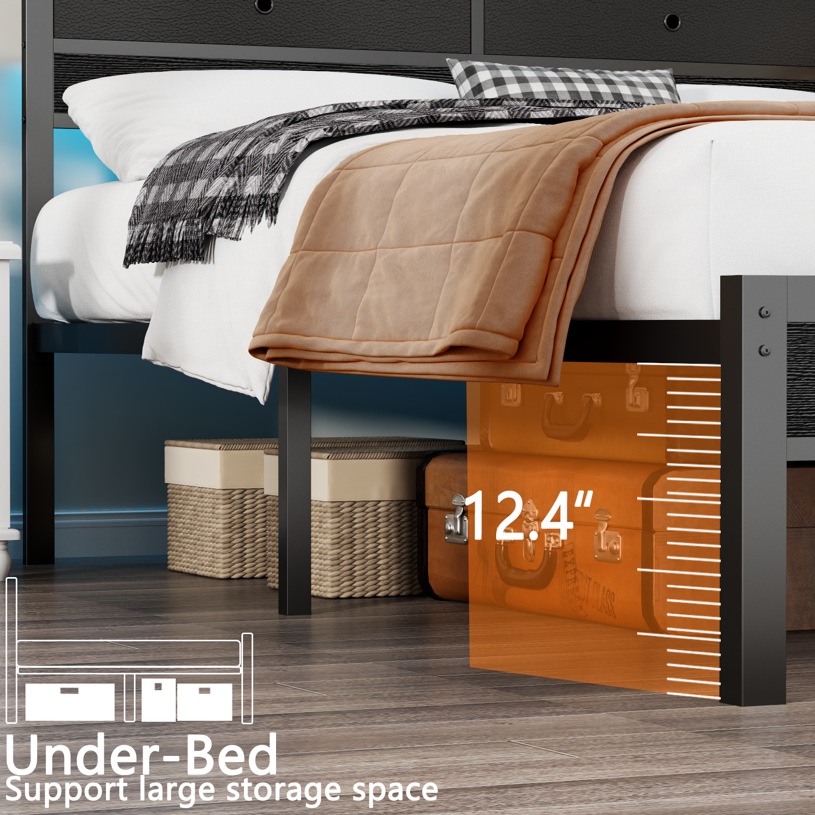 BYT Queen Size Bed Frame with 2 Storage Drawers Headboard, LED & Charging Station, Black oack