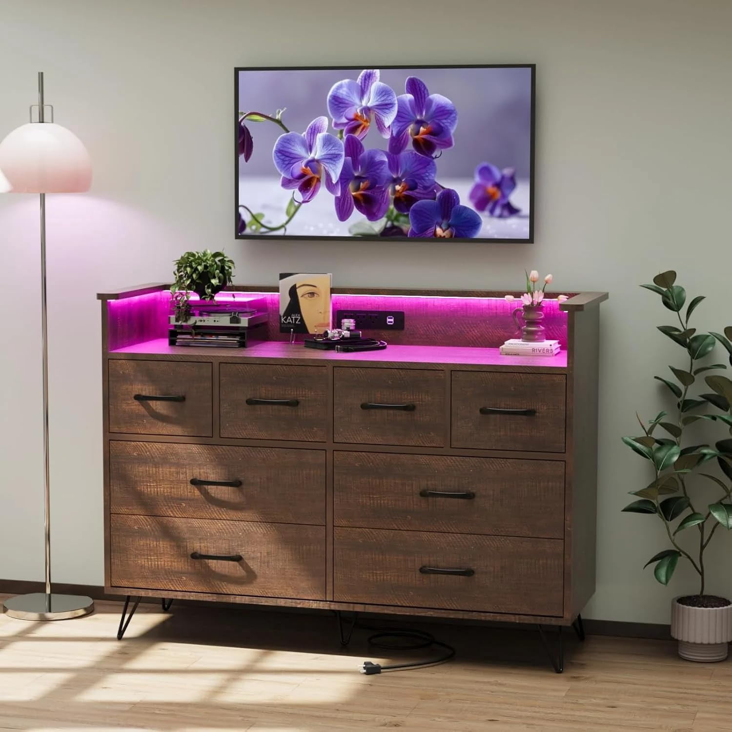 GAOMON 8 Drawer Dresser, Modern Dresser for Bedroom with Led Lights and Charging Station, Wooden Chest of Drawer with Open Space, Storage Organizer for Entryway, Living Room,Dark Brown