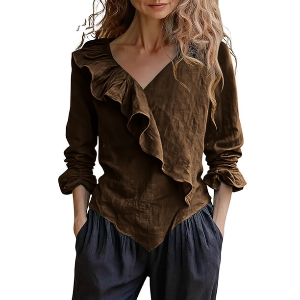 Camisetas de Cuello en V de Manga Larga para las Mujeres Blusa de Ruffle Casual Camiseta de Trabajo Tops, Tops de Manga Larga de Moda para las Mujeres 2025 Pullover Suelto