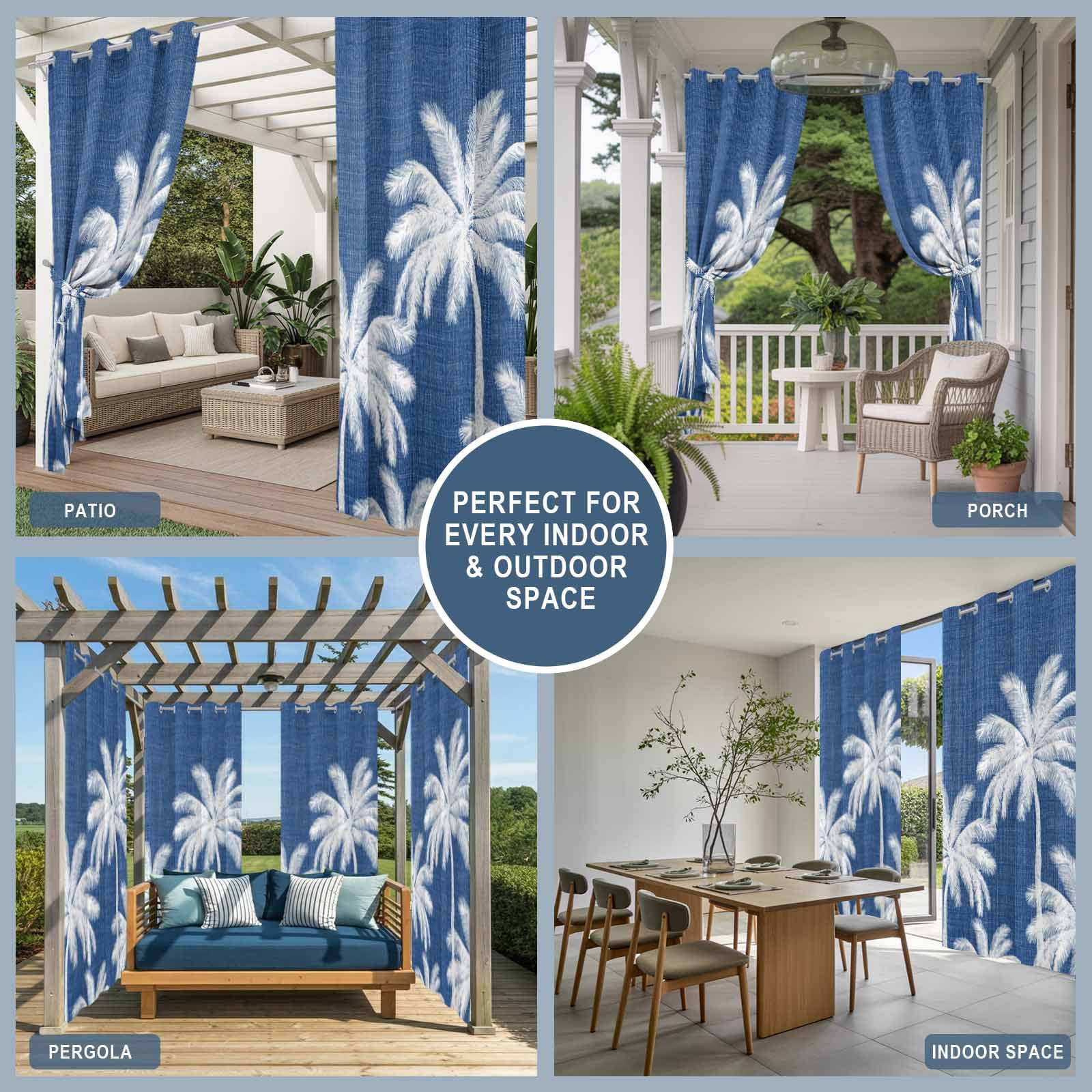 Navy Blue Palm Trees Outdoor Curtains for Patio, Summer Beach Tropical Farmhouse Sunshade Privacy Drapes Grommet Waterproof Outside Curtains for Porch/Cabana/Balcony 54"x 108", 1 Panel
