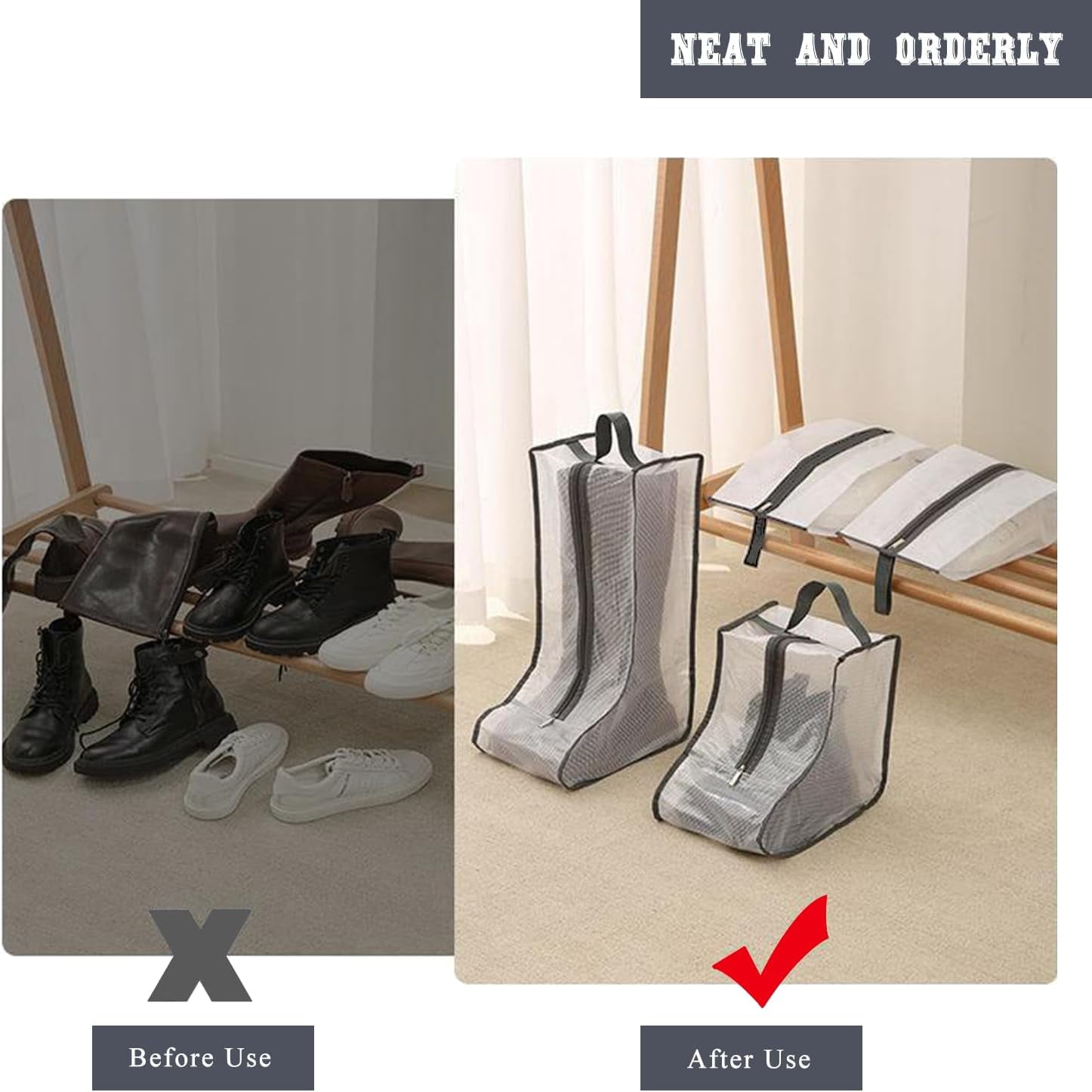 Travel Bags for Luggage Packing, Clear Stackable Storage Dust Waterproof Shoe Bags in Closet 2 Set Hanging Bags (Clear Gray-Thigh Boot)