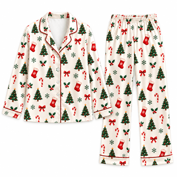 Women's Christmas Satin Pajama Set, Long Sleeve Button Up Top and Pants