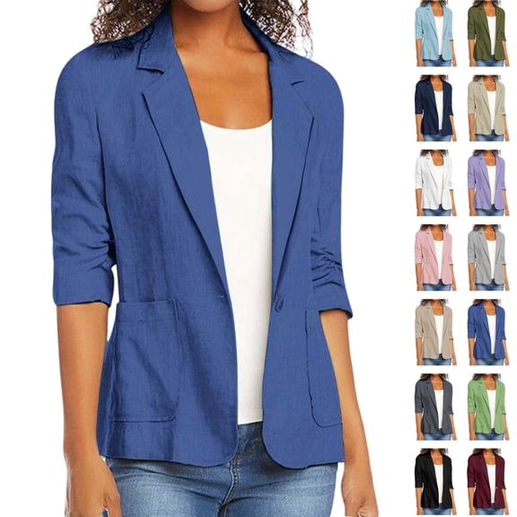 Seffadzy Women's Plus Size Blazer Ruched 3/4 Sleeve with Pockets Open Front Lightweight Business Casual Jacket Blue 4XL