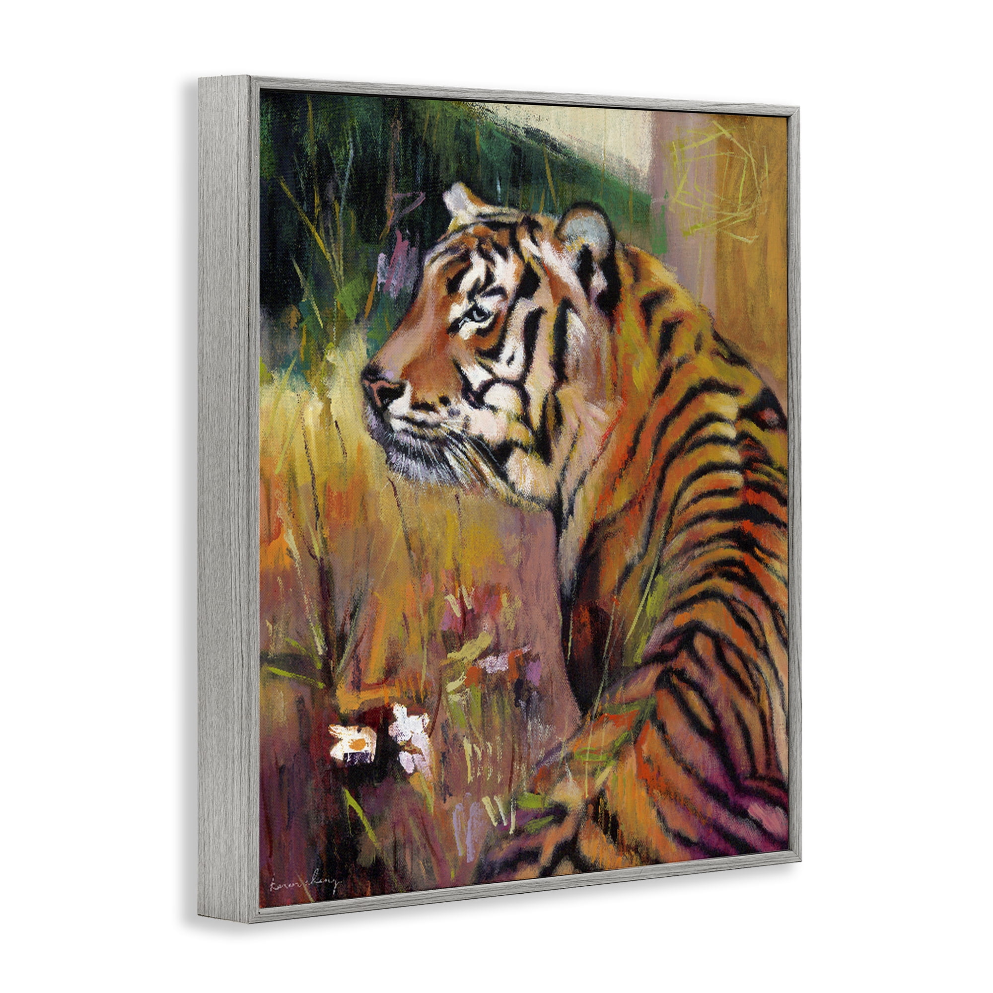 Stupell Industries Patience Tiger in Wait Gray Framed Giclee Art, design by Karen Chang