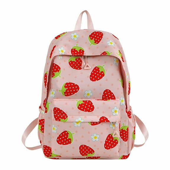 TELOLY Strawberry Backpack 16.9x11.8in Cute Pink Backpack with Front & Side Pockets Lightweight Preppy Schoolbag Aesthetic Bookbag Kawaii Casual Daypack for Classroom Travel