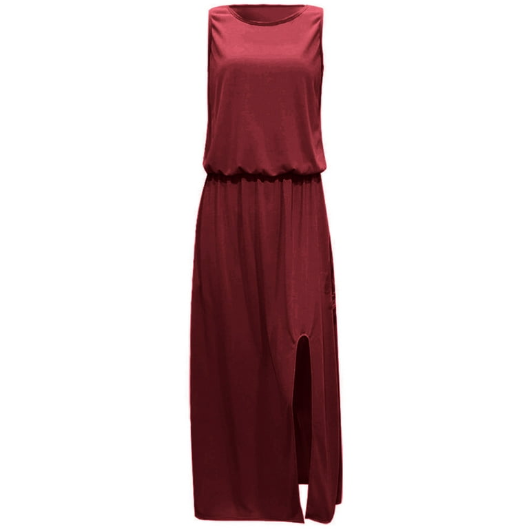 Black & Friday Deals Usmixi Dresses for Women 2023 Elastic Waist Plus Size  Slit Pocket Tank Long Dresses Sleeveless Round Neck Solid Summer Maxi Sun  Dress Red s 