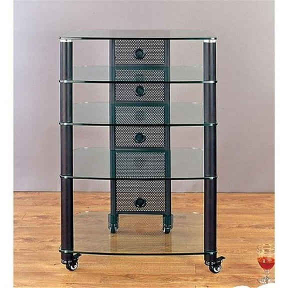 Black Poles 5 Clear Glass Shelves AV Stand