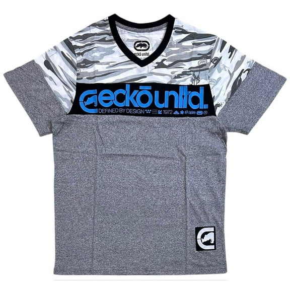 Ecko Unltd Men's V-Neck T-Shirt Camo Stitched Colorblock Panels Short Sleeve Tee (Small, Grey Marled)