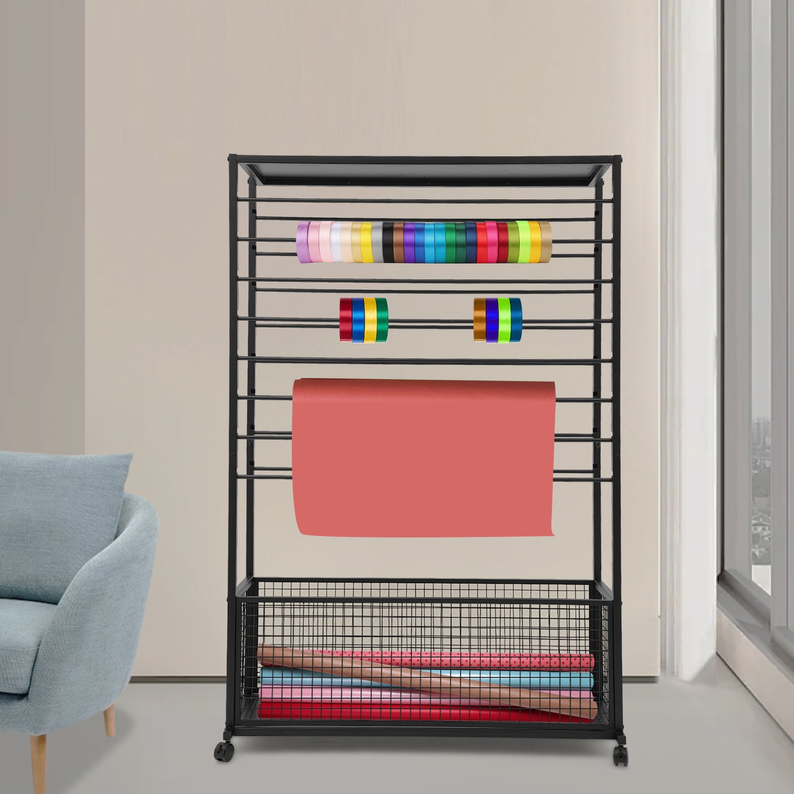 Double-Sided 16 Tier Ribbon Rack, Ribbon Holder, Storage Shelf For Ribbon,Wrapping Paper (39.37*12.6*59.06in)-Black