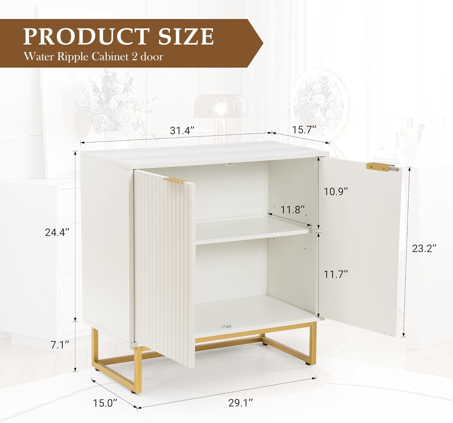 Joyyskill Fluted Storage Cabinet, Sideboard Buffet Cabinet with Adjustable Shelves, Storage Credenza Accent Cabinets, White