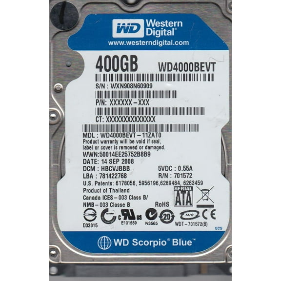 WD4000BEVT-11ZAT0, DCM HBCVJBBB, Western Digital 400GB SATA 2.5 Hard Drive