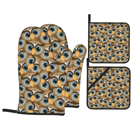 

Oven Mitts and Pot Holders 4 pcs Set Cute Big Eyes Owl Heat Resistant Pot Holders Oven Mitts for kitchen Non-Slip Hanging Loop Oven Glove Potholders for Baking Cooking