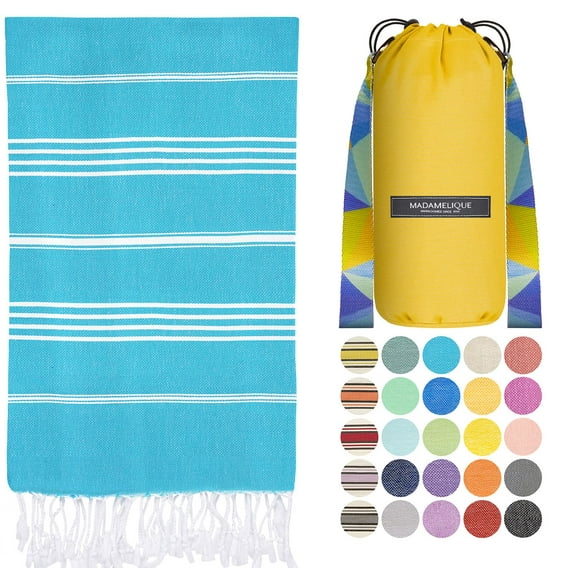 Madamelique Toalla De Playa Turca Con Bolsa De Playa - 39 X 74 - Toallas De Playa Prelavadas De Gran Tamaño -% 100 Algodón - Secado Rápido - Sin Arena - Toallas De Baño Turcas Tejidas A Mano - Toalla