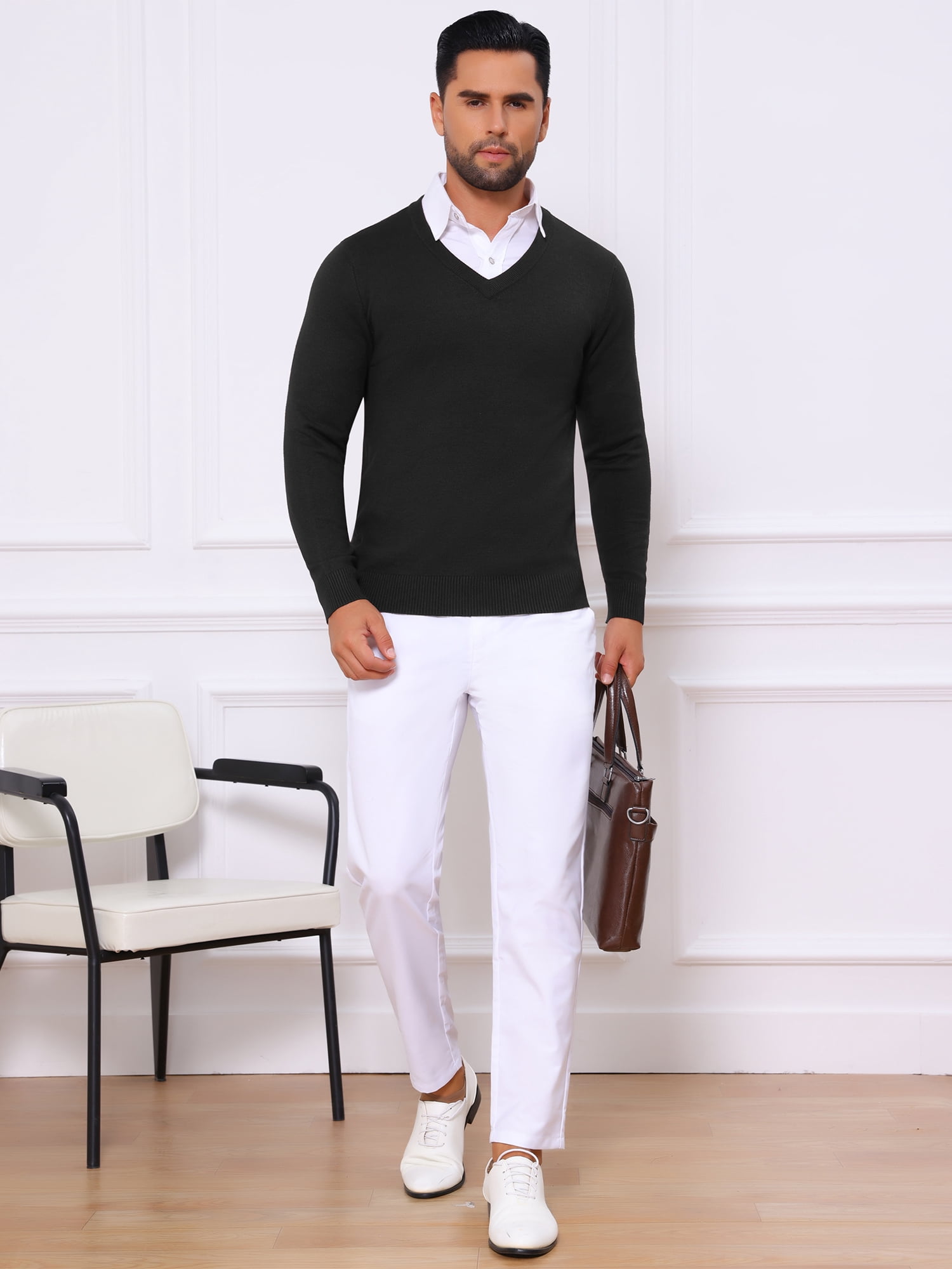 DARING DIVA Men's Long Sleeve V-Neck Solid Knitted Pullover Sweater L Black