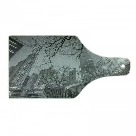 

Black and White Cutting Board Chicago City Downtown Nighttime Highrise Buildings Tree Branches Decorative Tempered Glass Cutting and Serving Board Wine Bottle Shape Grey Black White by Ambesonne