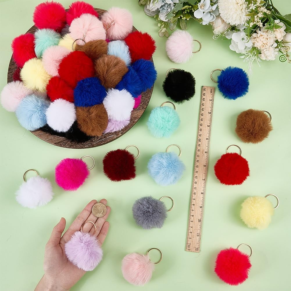 60-Pack Pom Pom Keychains 2.17" Furry Puff Ball Bag Charms for Backpacks DIY Crafts 15 Colors