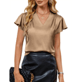 thumbnail image 1 of Blusa Informal de Seda para Mujer, Elegante, de Negocios, con Mangas con Volantes, Cuello en V, Plisada, Color Caqui, Talla XXL, 1 of 8