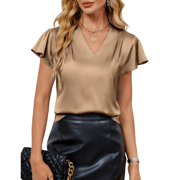 Blusa Informal de Seda para Mujer, Elegante, de Negocios, con Mangas con Volantes, Cuello en V, Plisada, Color Caqui, Talla XXL