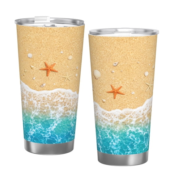 20oz Beach Ocean Tumbler with Handle and Straw Stainless Steel Insulated Travel Coffee Cup Summer Vacation Gift with Single Silver Rim