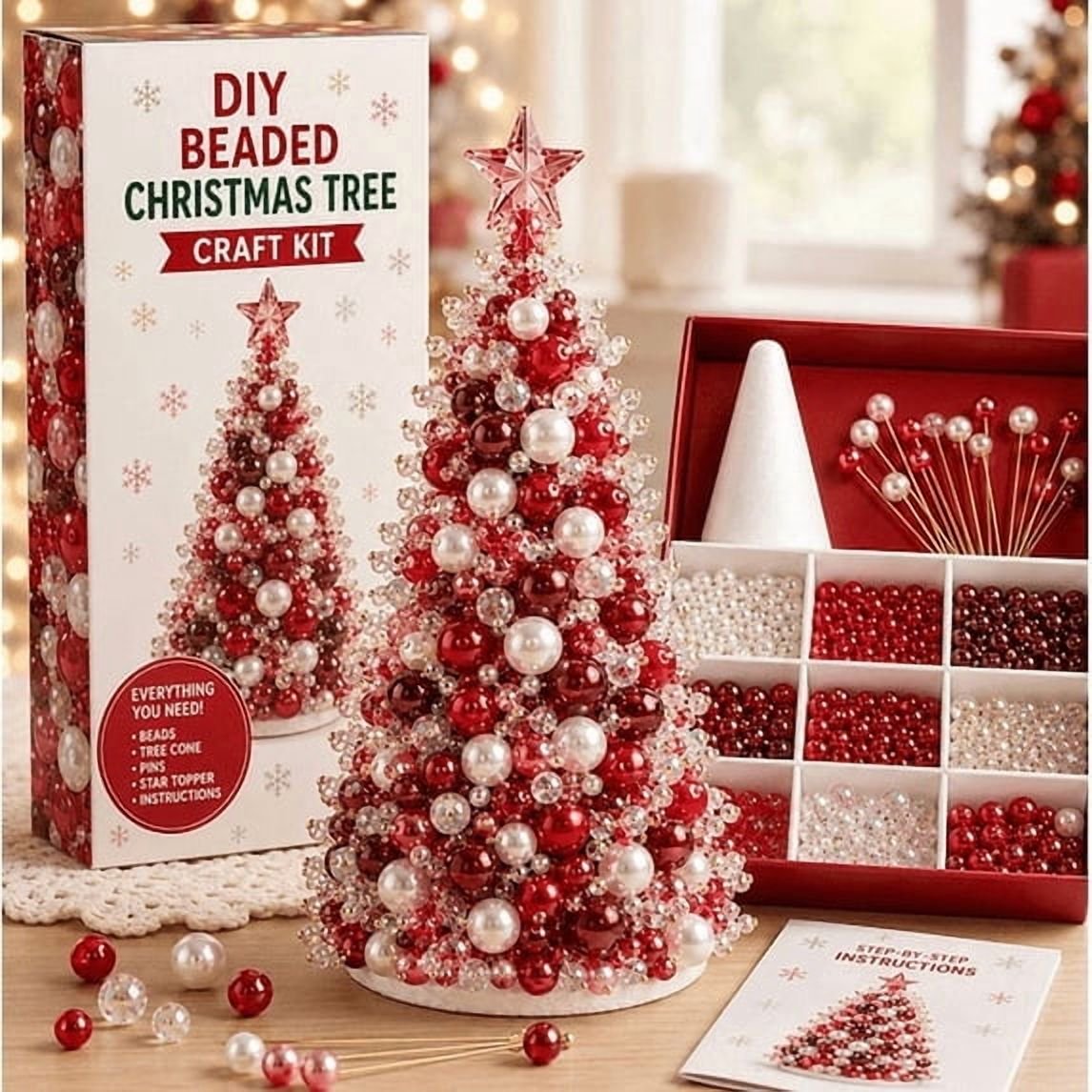 Dreamy Beaded Christmas Tree DIY Kit Pins and Star Topper Handmade,Christmas Tree Craft Kit with Colorful Beads Beaded Tabletop Decor Creative Holiday Craft for Adult Handmade Decor