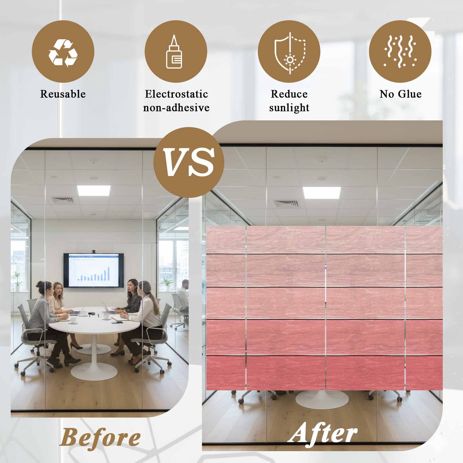 Gradient Pink Window Privacy Film, Wood Grain Abstract Striped Simple Vintage Frosted Glass Window Clings Static Cling UV Heat Blocking Reusable Door Sticker for Bathroom 23.6 x 59 Inch