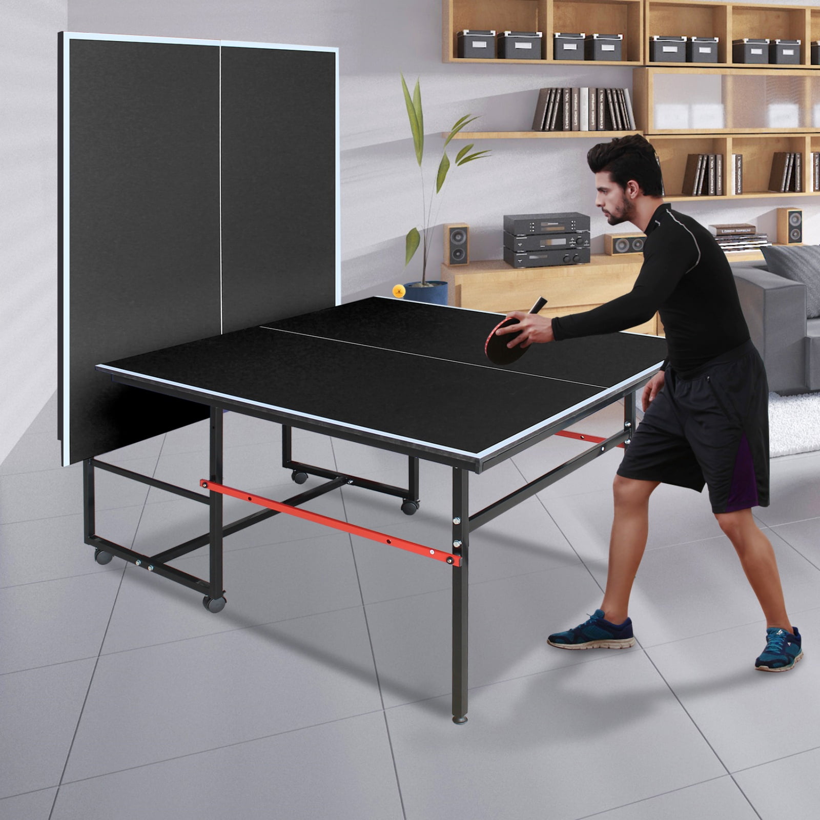 8FT Outdoor Ping Pong Table, Foldable & Portable Table Tennis Set with Net, 2 Paddles & 3 Balls, High-Quality Game Table with Single Player Playback Mode