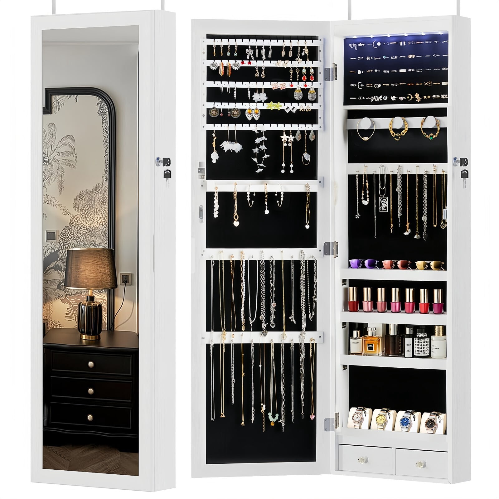 Kelno 47" Jewelry Armoire with HD Mirror LED Lights Wall/Door Mounted Jewelry Organizer Cabinet, White