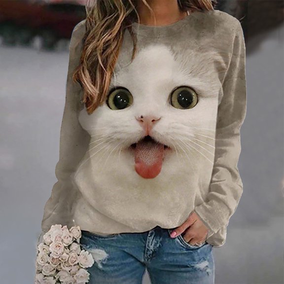 BLTIBY Womens Long Sleeve Shirts Fall Spring Cat Printed Round Neck Top Casual Fashion Comfortable Pullover Blouse White XL
