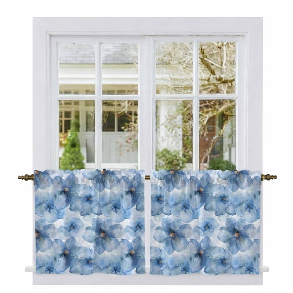 Blue Floral Spring Tier Curtains, Watercolor Art Elegant Botanical Light Filtering Kitchen Curtains, 2Pcs Rod Pocket Half Window Treatments Panels for Sink Cafe Cabinet Camper 27.5x36 Inches