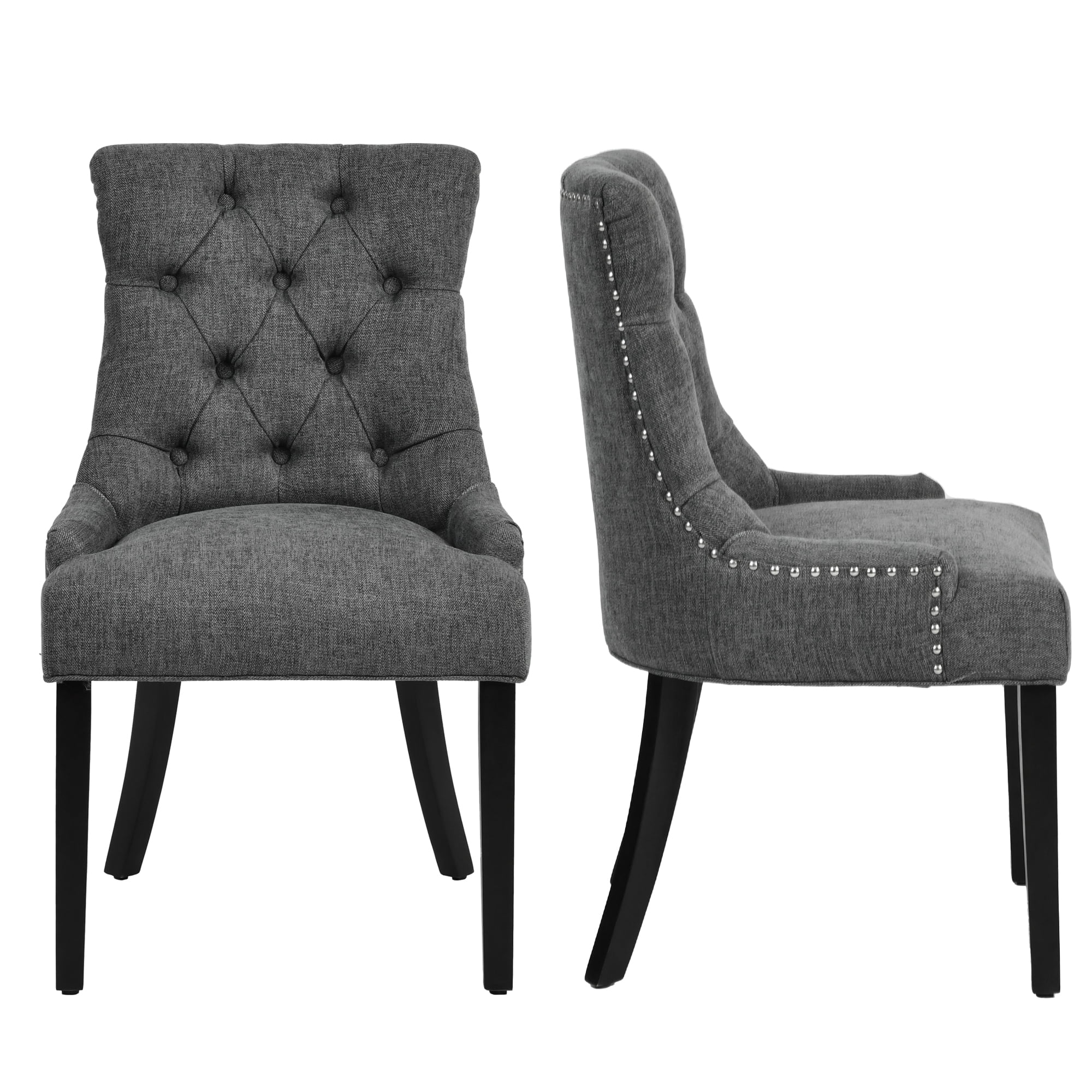 Homy Casa Set of 2 Tufted Upholstered High Back Dining Chairs with Nailhead Trim Charcoal