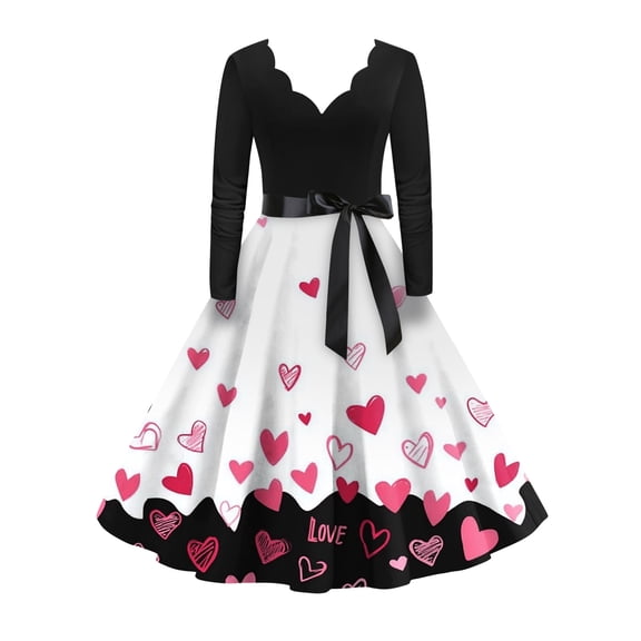 Valentine Day Dress for Women Long Sleeve V-Neck Cocktail Dresses with Belt 3D Love Heart Printing A-Line Dress White 2XL