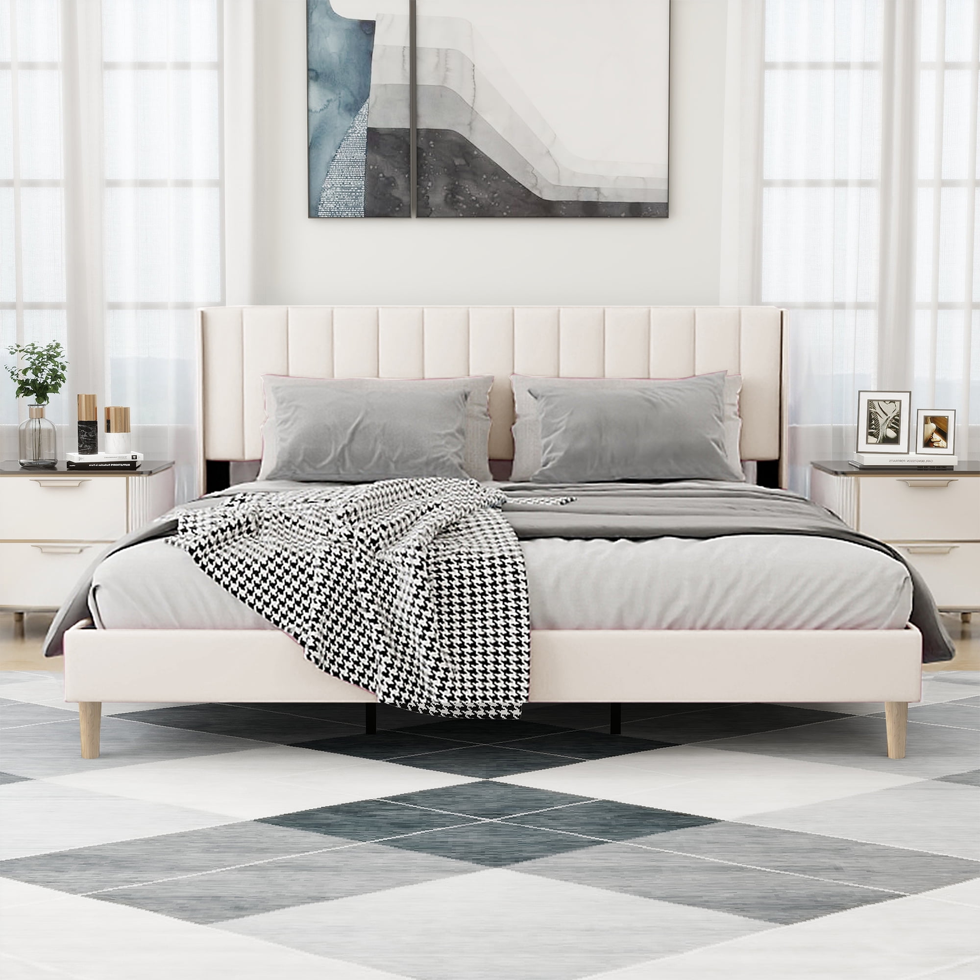 alazyhome King Size Upholstered Platform Bed Frame, Easy Assemble, Beige