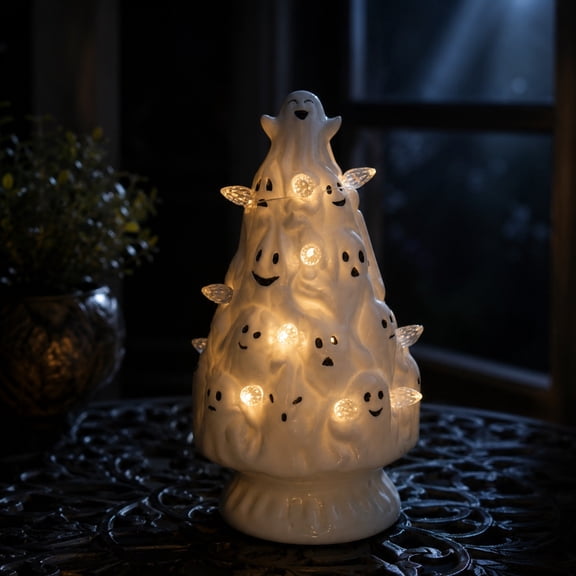 Halloween Decorations, 8 Inch Lighted Ghost Resin Halloween Tree, Cute Spooky LED Ghost Tree Lamp, Indoor Tabletop Halloween Decor for Home Party