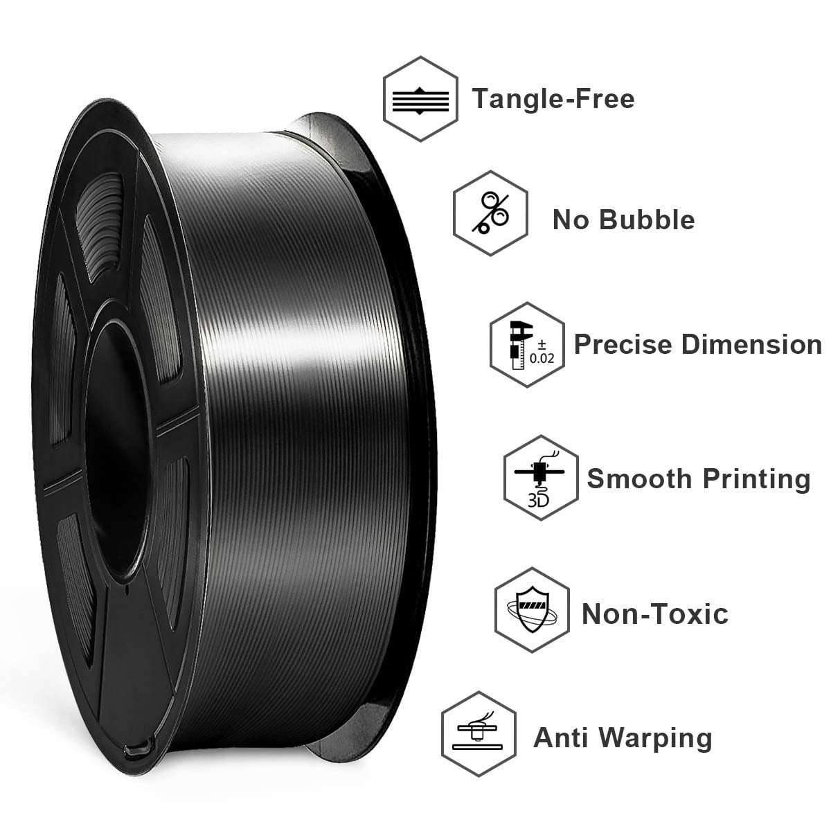 SUNLU Silk PLA Filament 1.75mm, Neatly Wound Shiny PLA 3D Printer Filament, Dimensional Accuracy +/- 0.02mm, Fit Most FDM 3D Printers, Good Vacuum Packaging, 330 Meters, Silky Black 3KG
