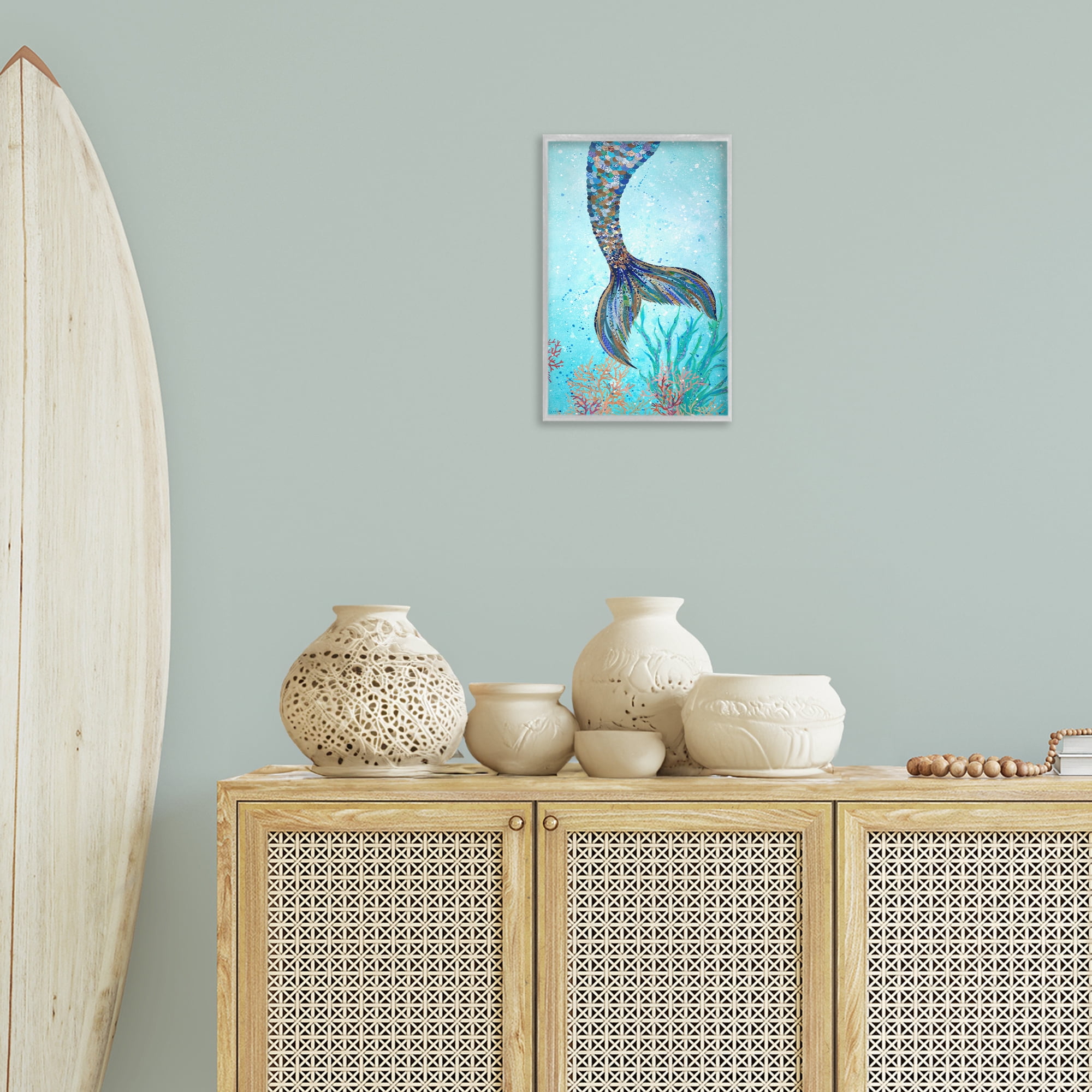 Stupell Industries Tall Tails Mermaid Fairy Tales & Fantasy Painting Gray Framed Art Print Wall Art, 12 x 18