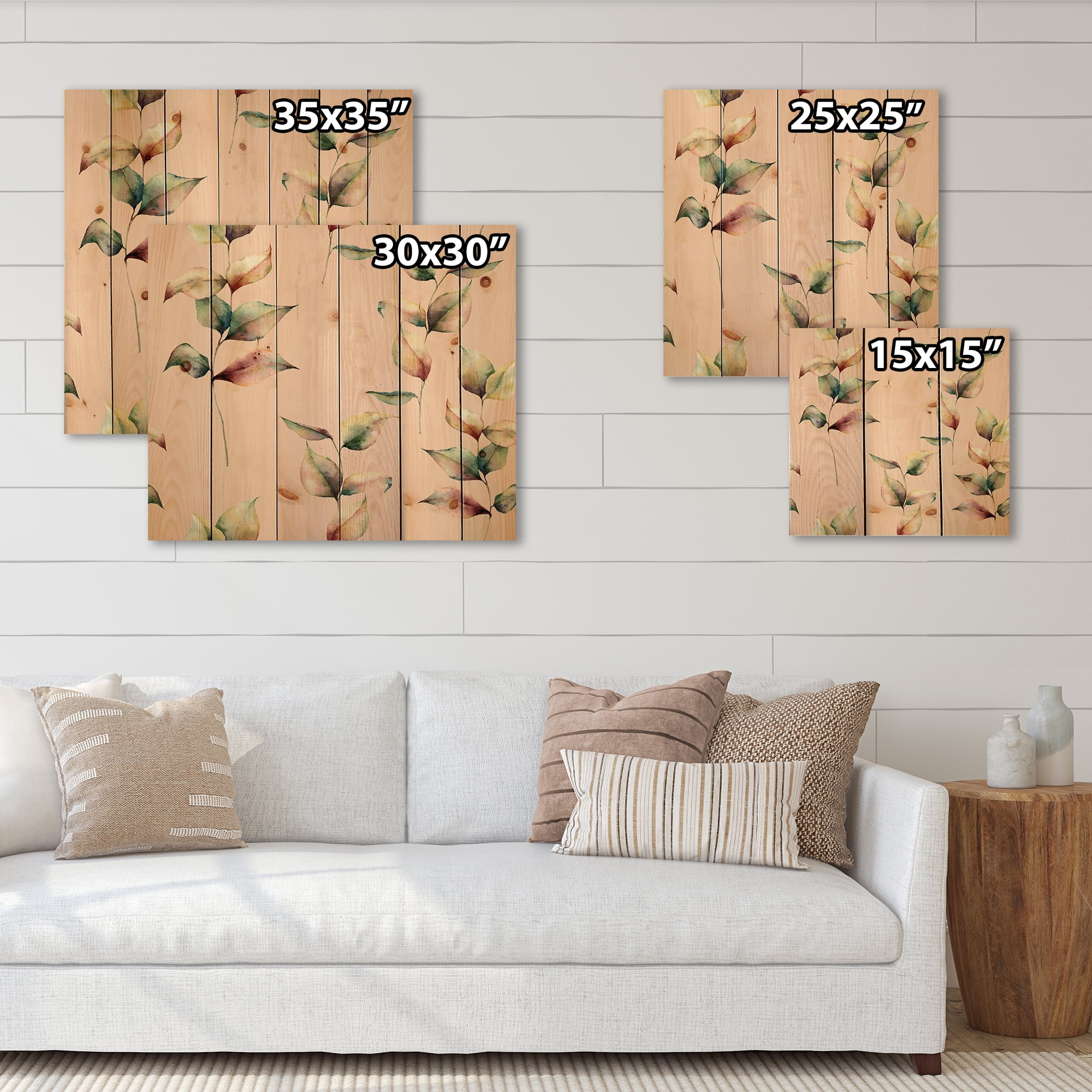 Designart 'Autumn Pink Leaves with Branch On Pastel Colors' Traditional Print on Natural Pine Wood