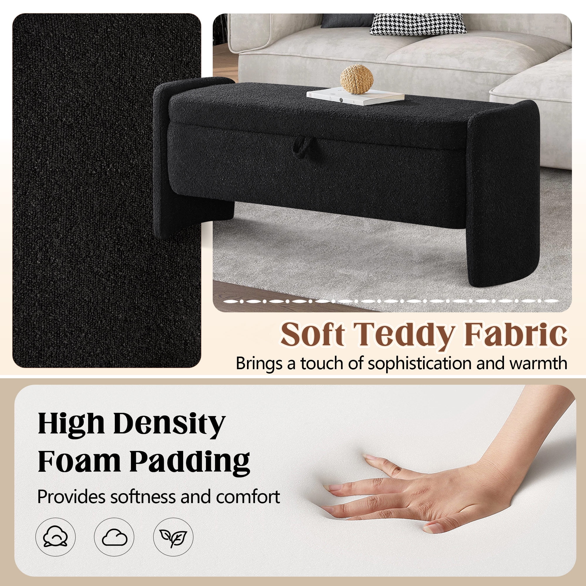 Lunale 41.73" End of Bed Storage Bench, Teddy Upholstered Storage Ottoman Benches for Bedroom, Black