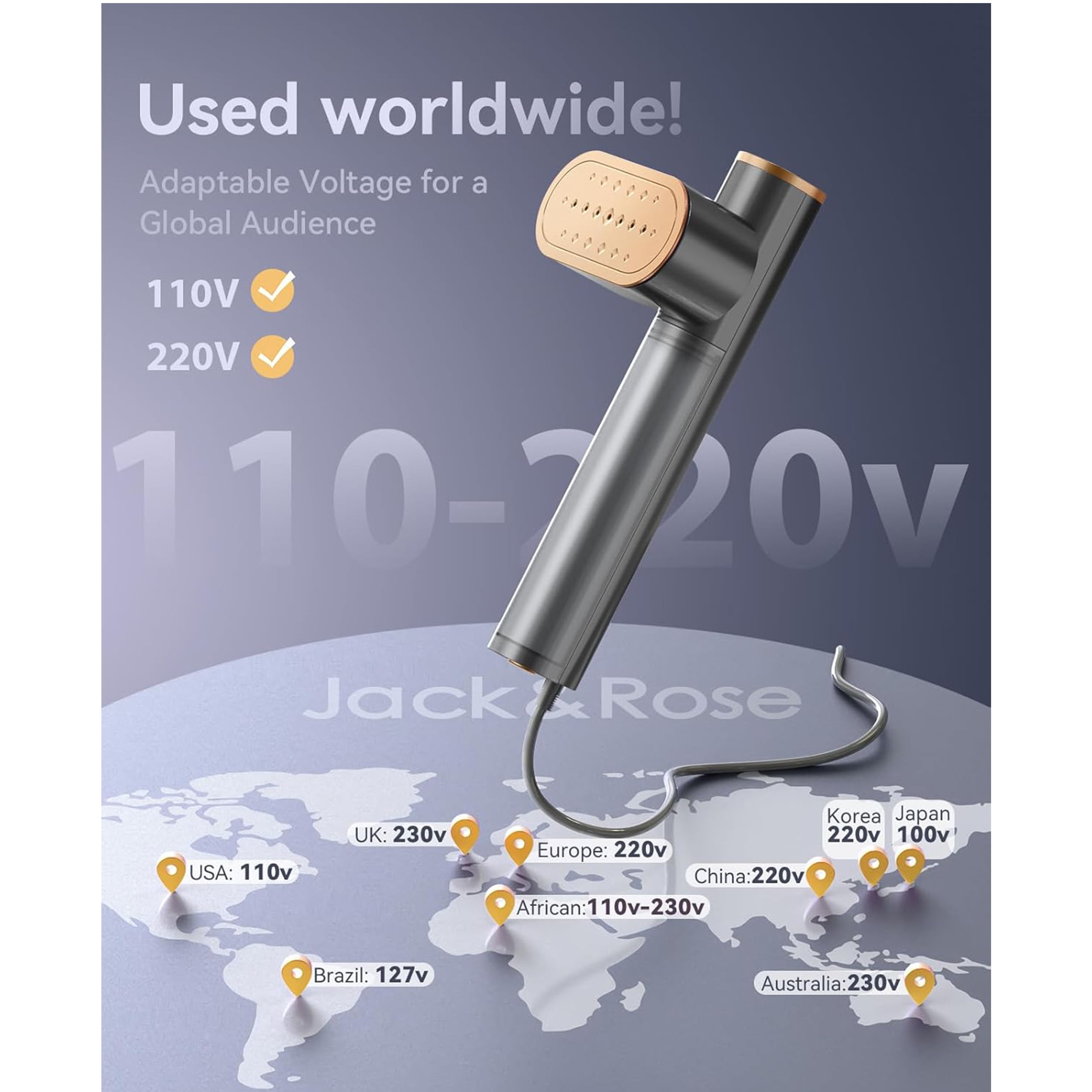 Jack & Rose Travel Steamer for Clothes, 100-240V Portable Steamer,15s Heat Up, Steamer ＆ Iron 2 In 1, Travel Size Garment Steamer, Large Ceramic Heat Panel, for Global & European Traveling, Black