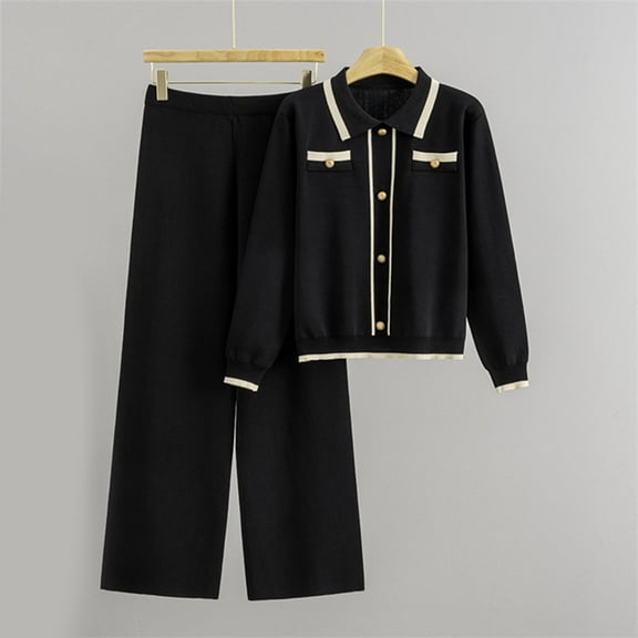 Roncen Women's Shawl Collar Knit Set - Button Front Cardigan & High Waist Wide Leg Pants, Loose Fit Loungewear Two Piece Outfit for Work from Home