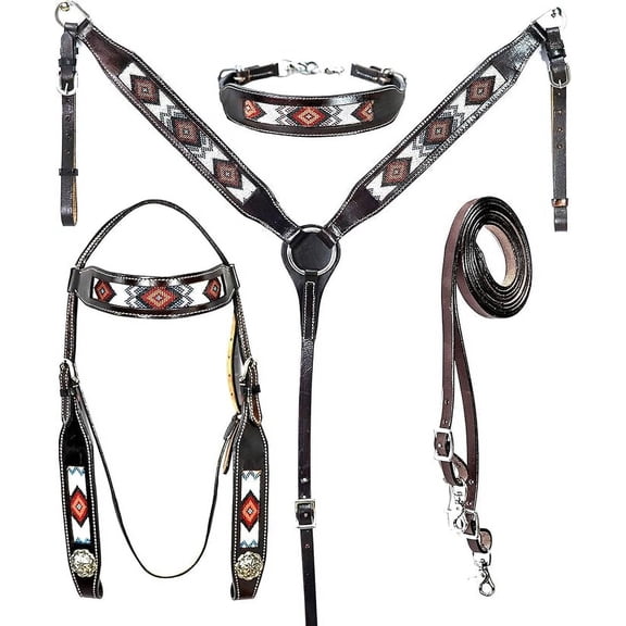 MARTIN ENTERPRISES Western Premium Leather Equestrian Trail Hand Carved Tooled Beaded Headstall, Breast Collar, Reins & Wither Straps Size Full