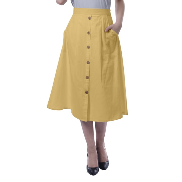 Moomaya Womens Below Knee Length A-Line Skirt Front Button Casual Skirt w/ Pockets